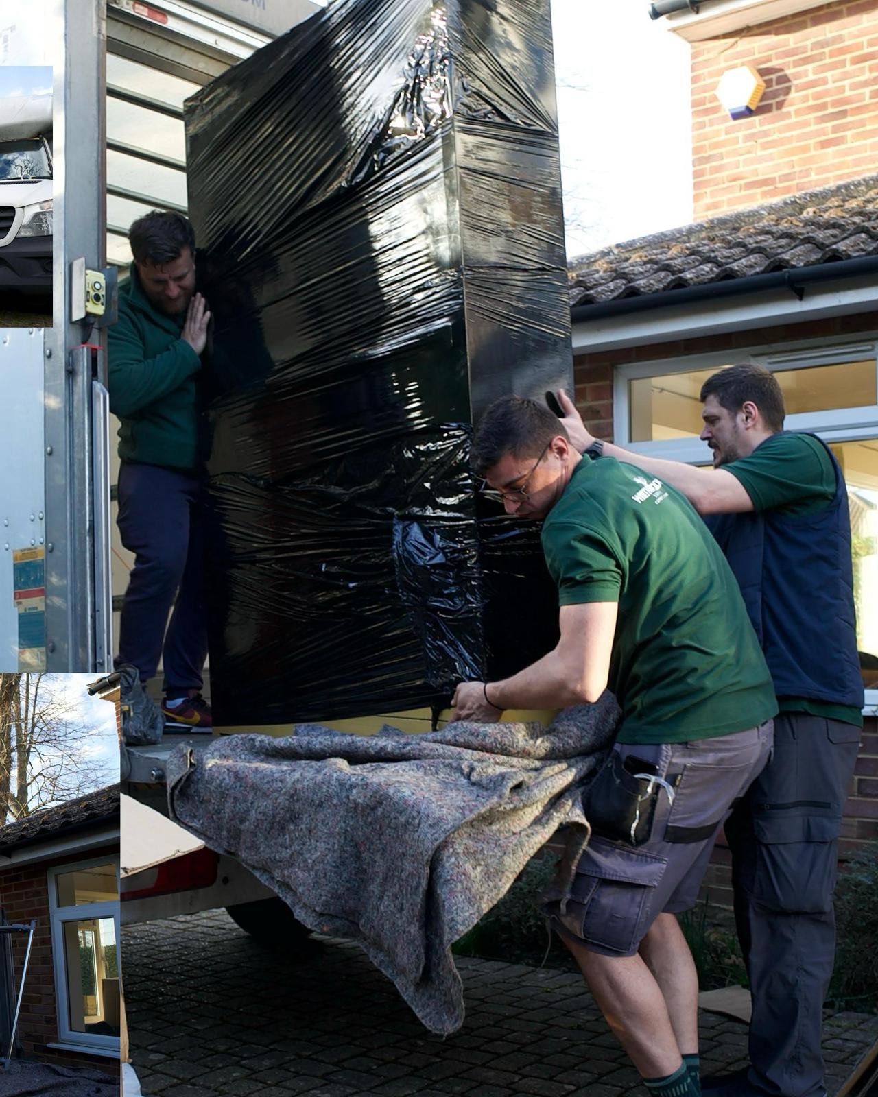 White Glove Surrey team moving a large wrapped cabinet