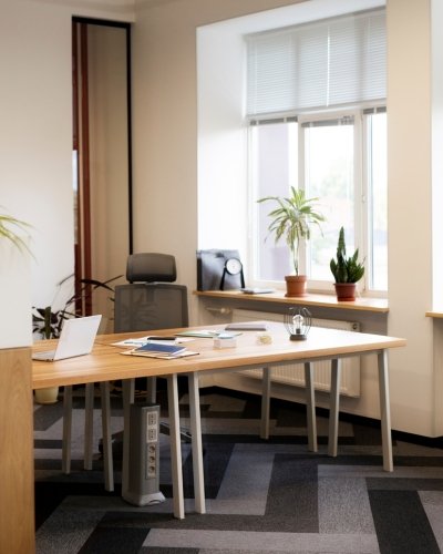 Bright office meeting room with a desk and plants