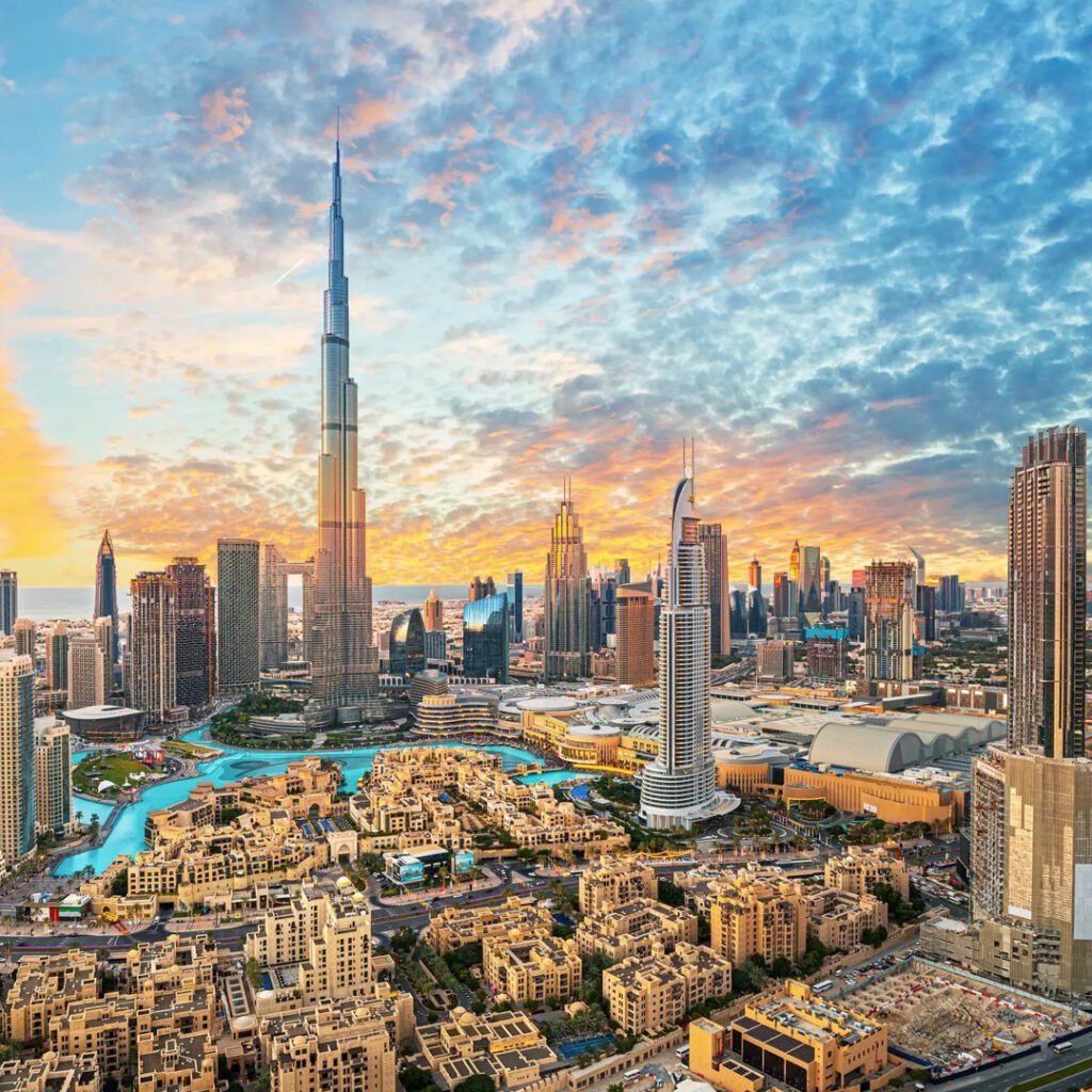 Dubai skyline with Burj Khalifa at sunset